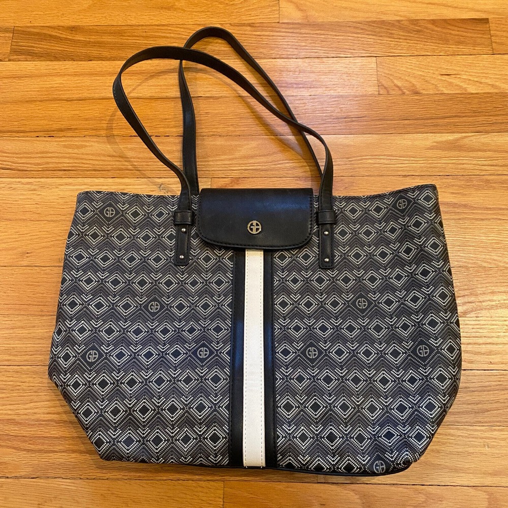 Giani Bernini Tote Bag Shopper Logo Geometric Lined Inner Pockets Black Gray
